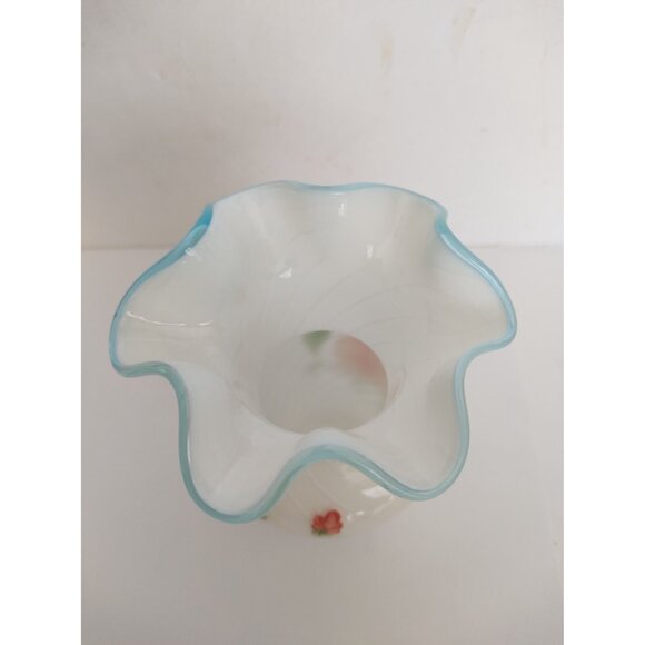Fenton Designed Teleflora White Opalescent Vase Blue Crest Ruffled Hand Painted - Picture 4 of 11